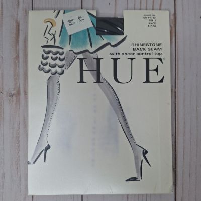 HUE Rhinestone Back Seam Control Top Panty Hose Sheer Leg Size 3 Black